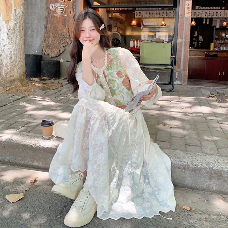 【MOBAIシリーズ】チャイナ風ワンピース 2点セット ワンピース&ベスト 花柄 レディース デート用 可愛い