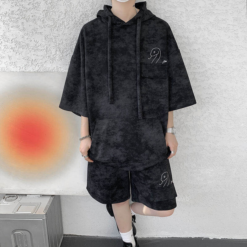 【CEXUシリーズ】チャイナ風セットアップ 2色 パーカー 短パン 男女兼用 メンズ 大きいサイズ 蛇 絞り染め