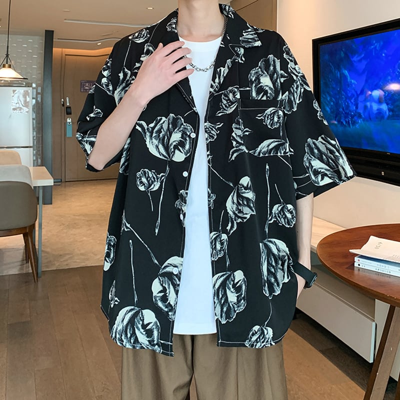 【ZHUIYIシリーズ】チャイナ風トップス 男女兼用 半袖シャツ 大きいサイズ 花柄 シャツ 2色展開 黒 白