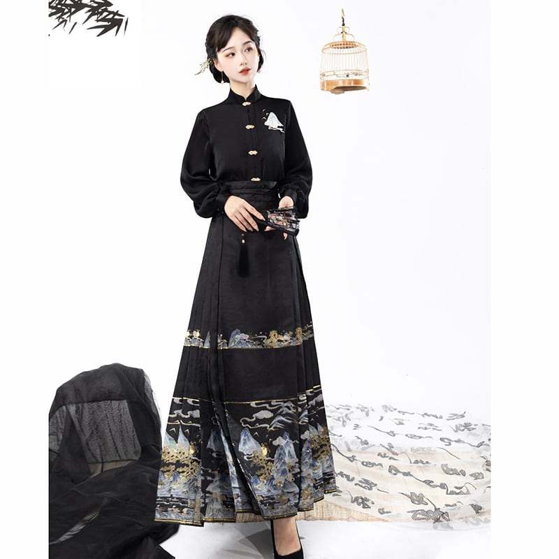 【喚初---明月松間照シリーズ】チャイナ風トップス 長袖 半袖 刺繍 中華服 シャツ 可愛い ブラック 黒色