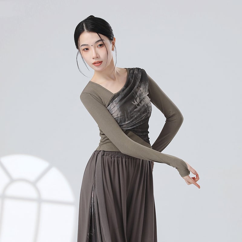 【KEFENシリーズ】チャイナ風トップス 4色 半袖 長袖 Tシャツ 中華服 竹 可愛い スリム 黒 灰 緑