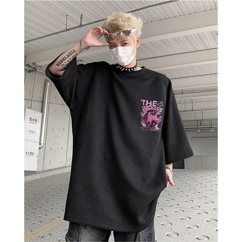 【CEXUリーズ】Tシャツ 半袖 男女兼用 大きいサイズ スエード 猫柄 4色展開 ブラック グレー