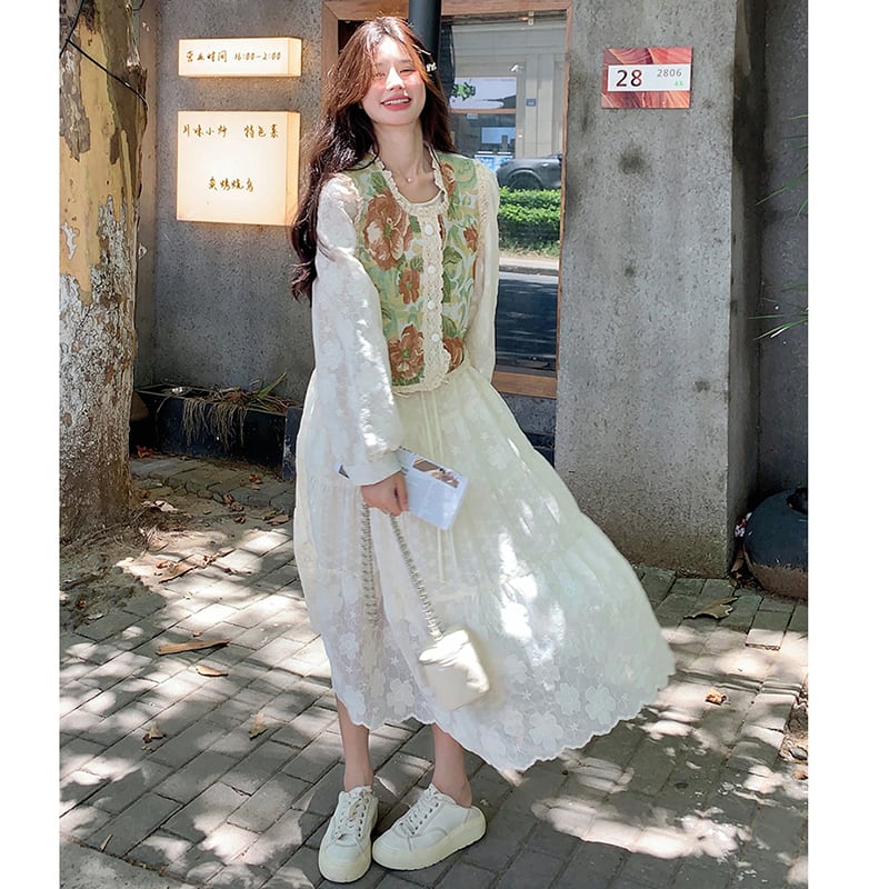 【MOBAIシリーズ】チャイナ風ワンピース 2点セット ワンピース&ベスト 花柄 レディース デート用 可愛い