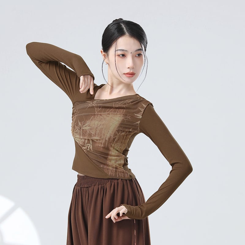 【KEFENシリーズ】チャイナ風トップス 4色 半袖 長袖 Tシャツ 中華服 竹 可愛い スリム 黒 灰 緑