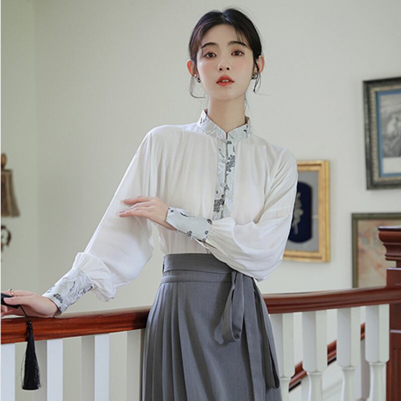 【WUJIAシリーズ】チャイナ風長袖シャツ トップス 漢元素 夏服 気質アップ S M L 切り替え
