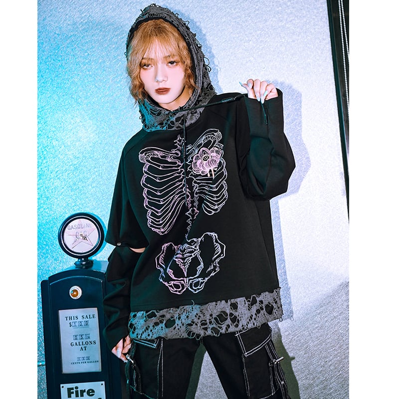 【古怪舍---花骨シリーズ】チャイナ風トップス パーカー 個性的 レトロ 切り替え 髑髏 おしゃれ メンズ レディース