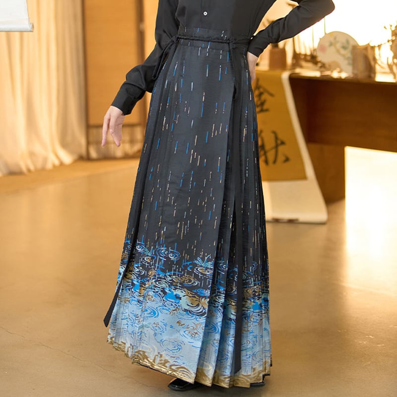 【BAIRIMENGシリーズ】チャイナ風 プリーツスカート 漢服 スカート 中華服 ブラック 黒色 ボトムス レディース フェミニン