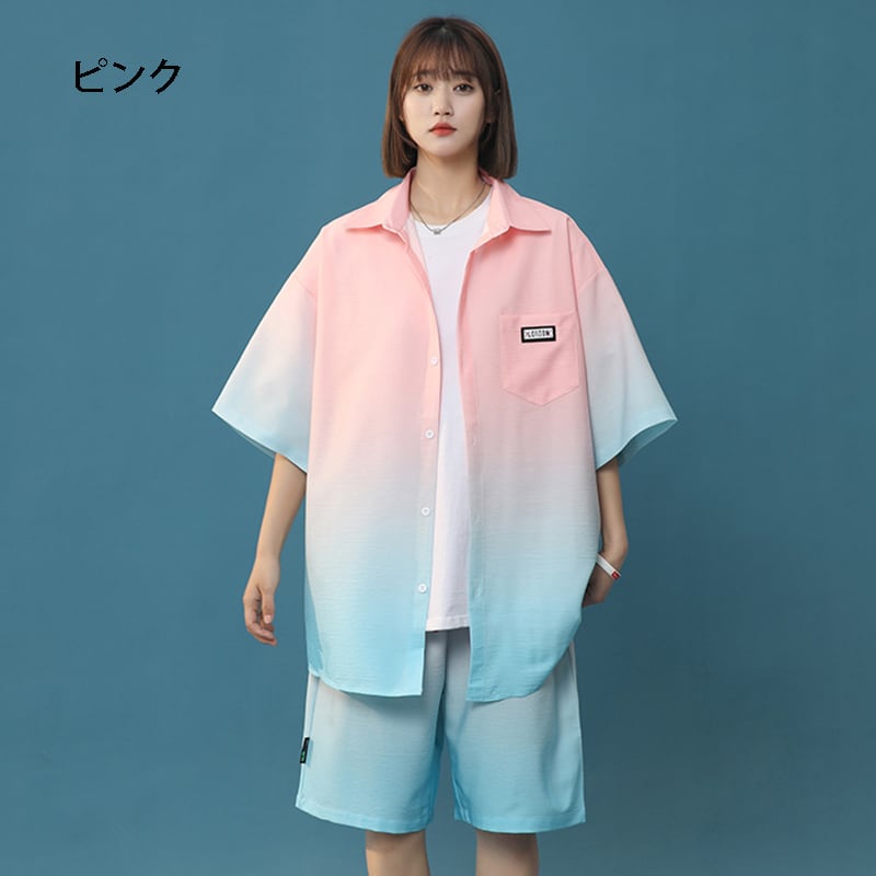 【藤伊曼シリーズ】4色 セットアップ 半袖シャツ + 短パン 男女兼用 大きいサイズ グラデーション