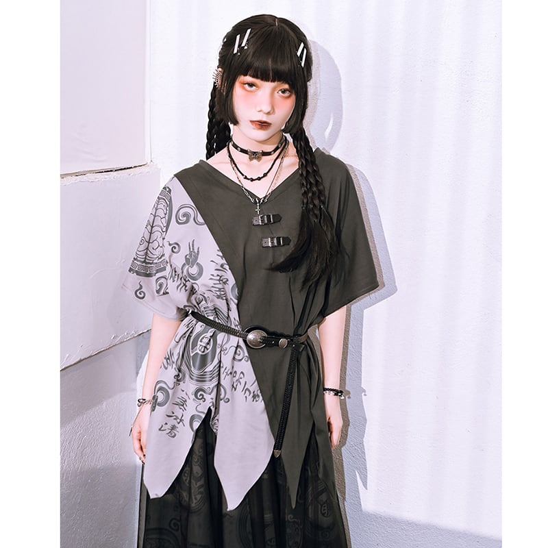 【古怪舍---清心訣シリーズ】★チャイナ風トップス★ 半袖 Tシャツ 個性的 オリジナル 不規則 コットン プリント