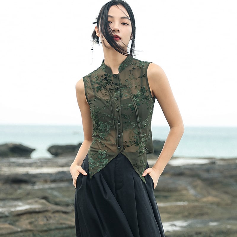 【大青龍肆シリーズ】チャイナ風トップス Tシャツ ショート丈 ノースリーブ グリーン 気質アップ 不規則デザイン
