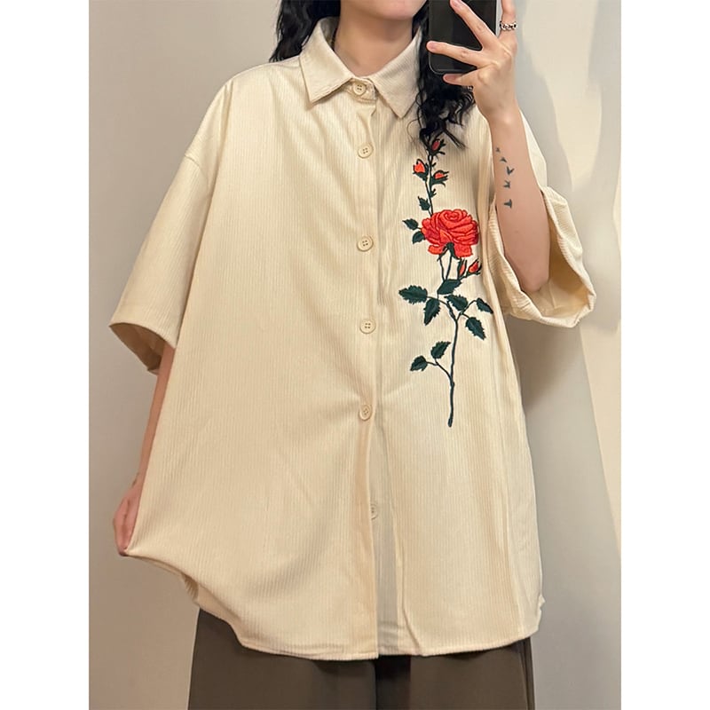 【UATONLINEシリーズ】チャイナ風 シャツ 半袖 男女兼用 コーデュロイ 薔薇柄