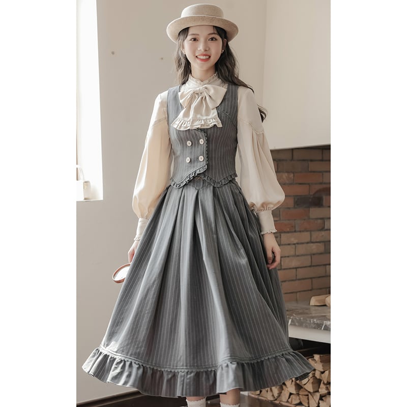 【南陌森シリーズ】リボン付き長袖シャツ トップス 可愛い 気質アップ アプリコット S M L XL