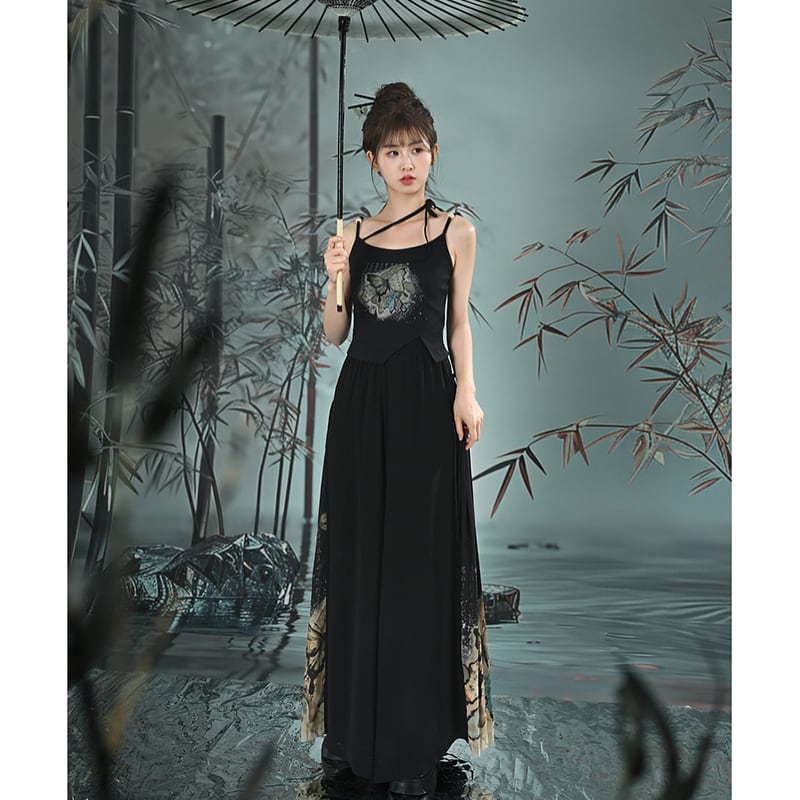 【森女部落---錦灰堆シリーズ】チャイナ風キャミソール タンクトップ プリント 蝶々 デザイン 夏服 個性的 ブラック