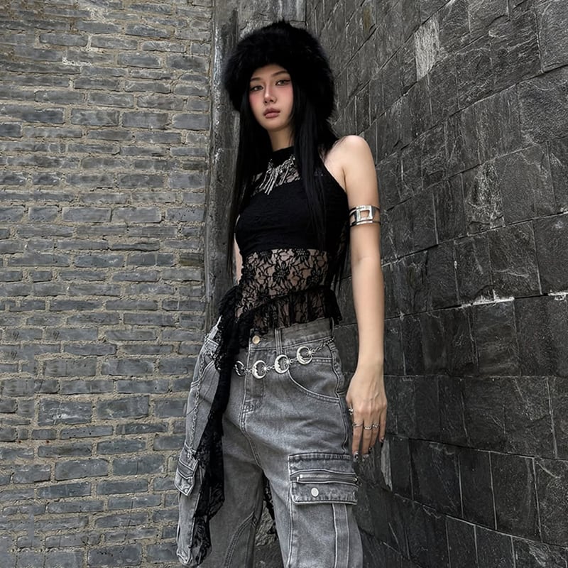 【KLIOUシリーズ】ノースリーブ レース トップス レディース セクシー 切り替え おしゃれ ブラック 服装