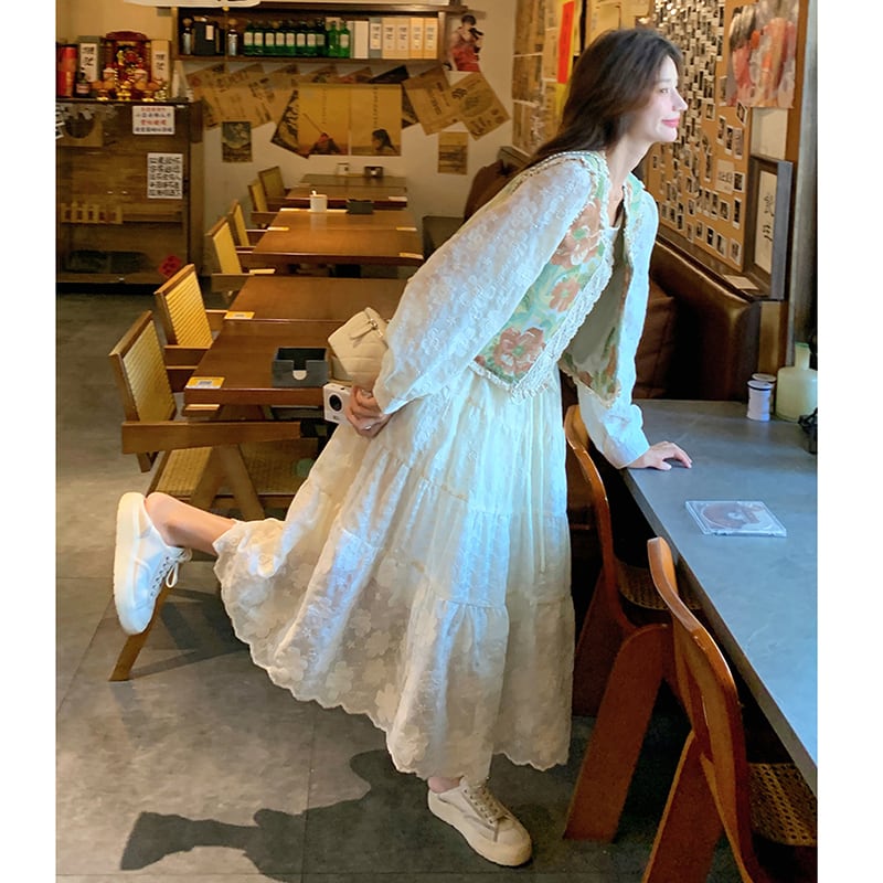 【MOBAIシリーズ】チャイナ風ワンピース 2点セット ワンピース&ベスト 花柄 レディース デート用 可愛い