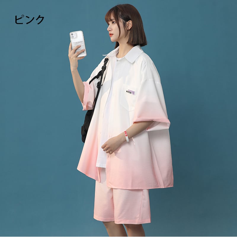 【藤伊曼シリーズ】4色 シャツ+短パン セットアップ 半袖 男女兼用 大きいサイズ グラデーション