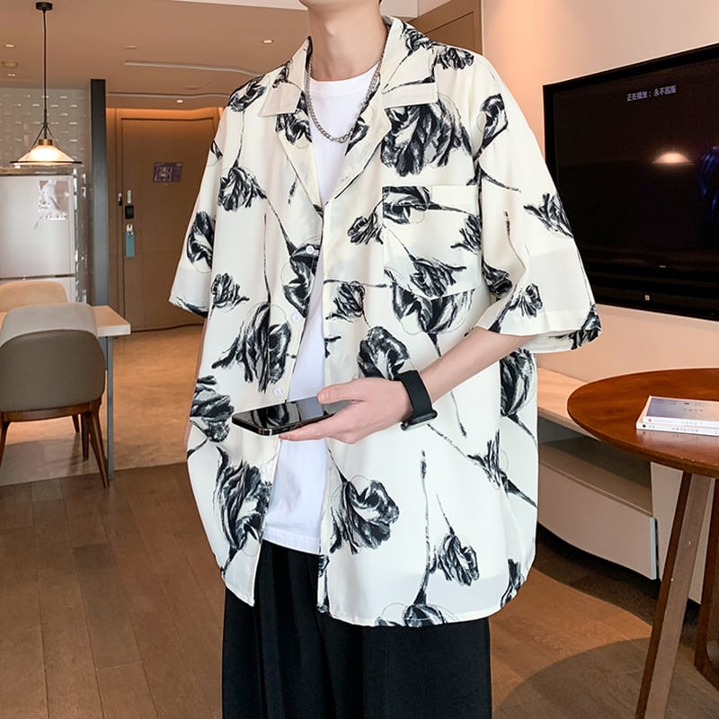 【ZHUIYIシリーズ】チャイナ風トップス 男女兼用 半袖シャツ 大きいサイズ 花柄 シャツ 2色展開 黒 白