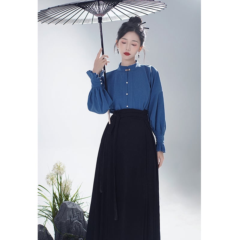 【WUJIAシリーズ】チャイナ風シャツ 長袖 トップス 気質アップ ブルー 青 合わせやすい S M L XL
