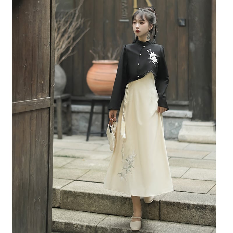 【漢如初---風鈴百合シリーズ】チャイナ風セットアップ 2点セット トップス つりワンピース 中華服 漢服 ワンピース
