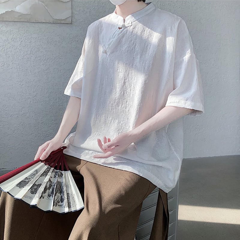 【TIANYIシリーズ】チャイナ風トップス 半袖シャツ 男女兼用 大きいサイズ 3色展開 緑 黒 白