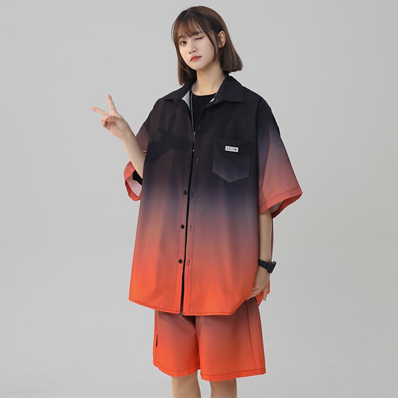 【藤伊曼シリーズ】4色 セットアップ 半袖シャツ + 短パン 男女兼用 大きいサイズ グラデーション