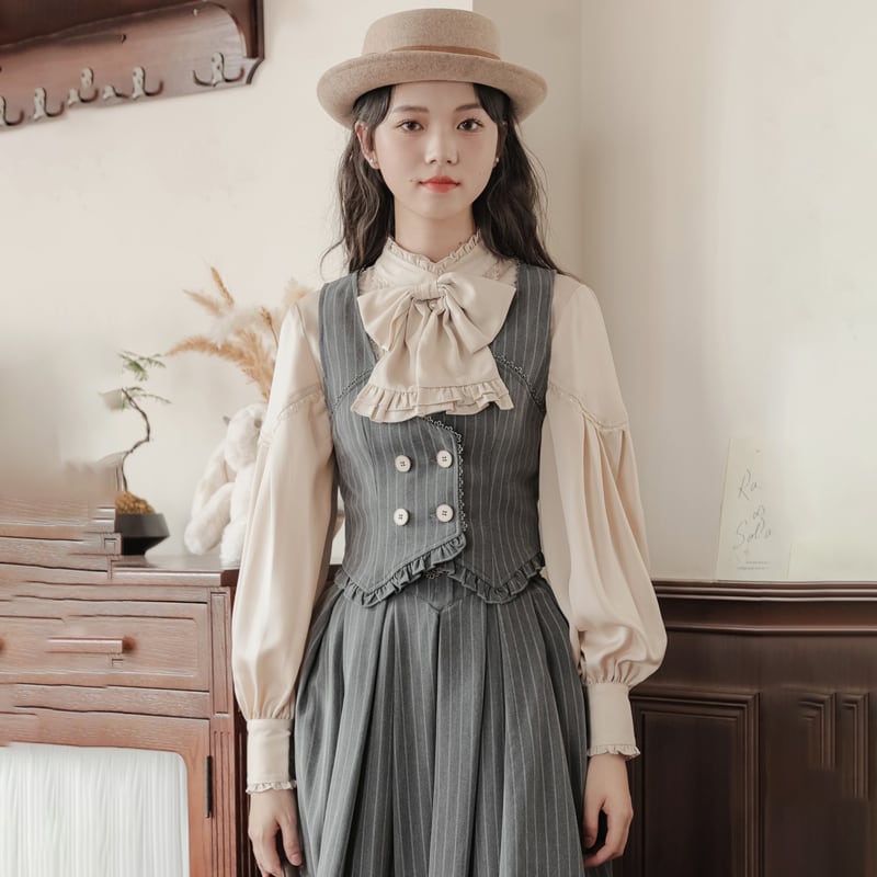 【南陌森シリーズ】リボン付き長袖シャツ トップス 可愛い 気質アップ アプリコット S M L XL