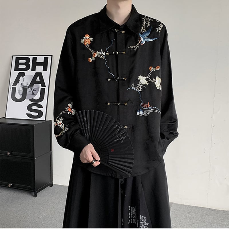 【入画シリーズ】★チャイナ風トップス★ シャツ 長袖シャツ 刺繍 花柄 鳥 男女兼用 メンズ 大きいサイズ ブラック 黒い
