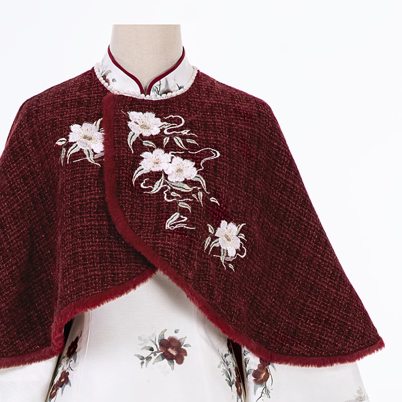 【塵煙雲夢---茶花曲シリーズ】チャイナ風 刺繍マント 中華服 プリント 可愛い ショート丈 レッド