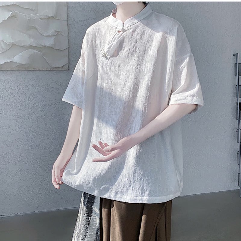 【TIANYIシリーズ】チャイナ風トップス 半袖シャツ 男女兼用 大きいサイズ 3色展開 緑 黒 白