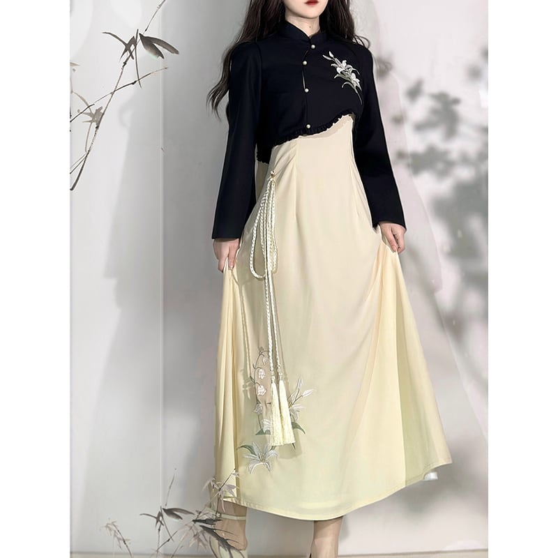 【漢如初---風鈴百合シリーズ】チャイナ風セットアップ 2点セット トップス つりワンピース 中華服 漢服 ワンピース