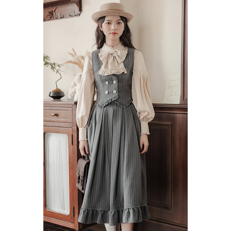 【南陌森シリーズ】リボン付き長袖シャツ トップス 可愛い 気質アップ アプリコット S M L XL