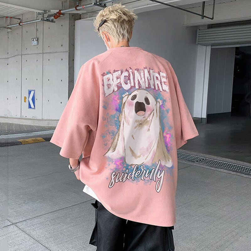 【KADISHOUシリーズ】カートゥーン 幽霊 スエード Tシャツ 男女兼用 大きいサイズ 4色 トップス