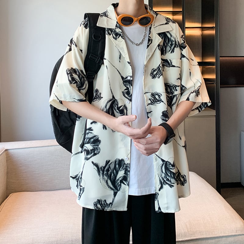 【ZHUIYIシリーズ】チャイナ風トップス 男女兼用 半袖シャツ 大きいサイズ 花柄 シャツ 2色展開 黒 白