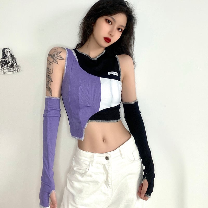 【KLIOUシリーズ】切り替えデザイン レディース Tシャツ おしゃれ セクシー ブラック パープル 不規則 トップス