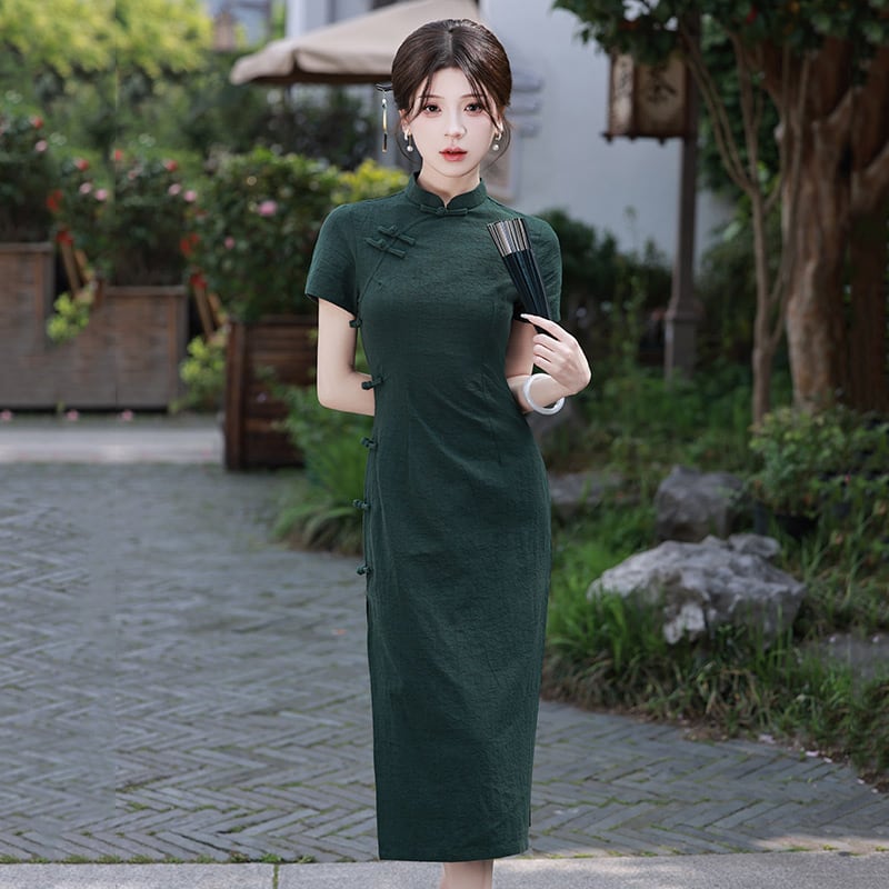 【YIJIAHONGシリーズ】チャイナドレス ワンピース 半袖 グリーン 可愛い 気質アップ シンプル