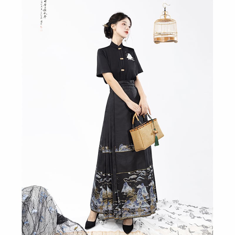 【喚初---明月松間照シリーズ】チャイナ風トップス 長袖 半袖 刺繍 中華服 シャツ 可愛い ブラック 黒色