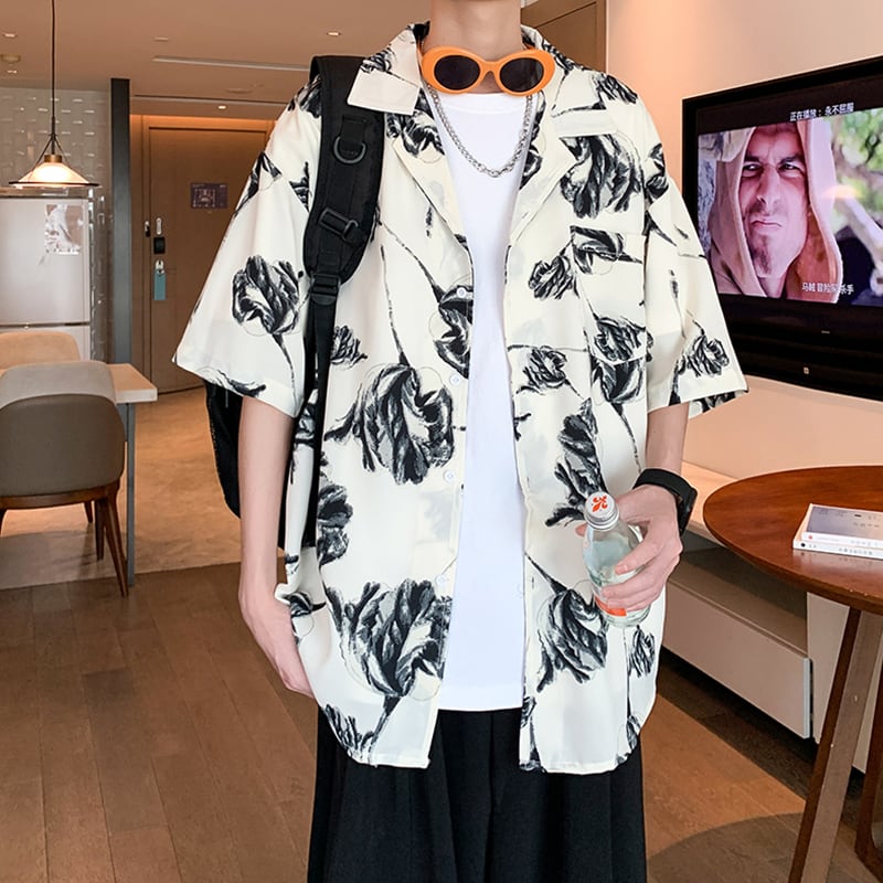 【ZHUIYIシリーズ】チャイナ風トップス 男女兼用 半袖シャツ 大きいサイズ 花柄 シャツ 2色展開 黒 白