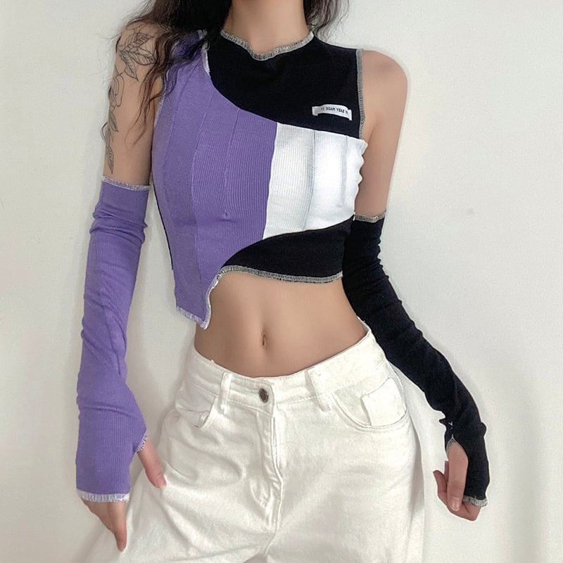 【KLIOUシリーズ】切り替えデザイン レディース Tシャツ おしゃれ セクシー ブラック パープル 不規則 トップス