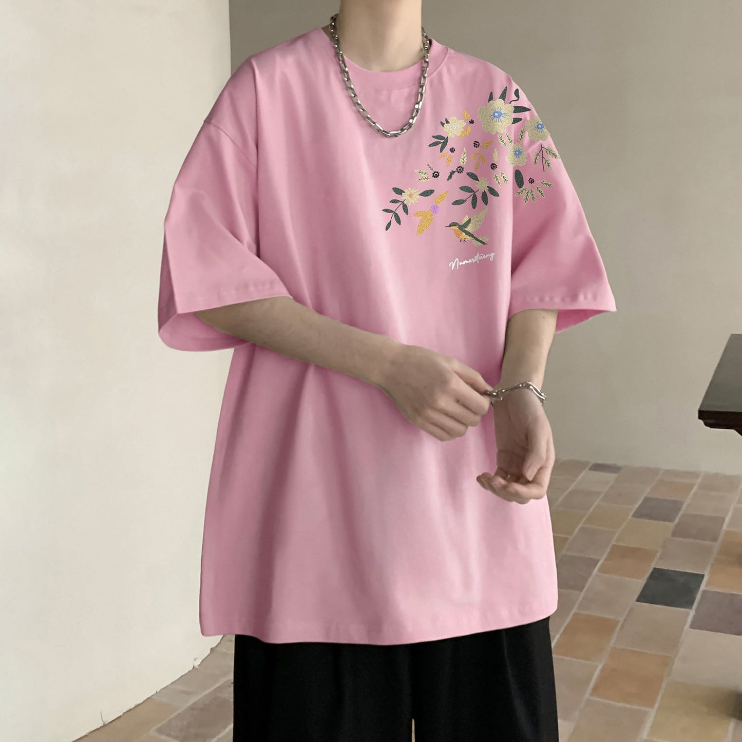 【KADISHOUシリーズ】チャイナ風トップス Tシャツ 半袖 男女兼用 大きいサイズ コットン 鳥 花柄 9色展開