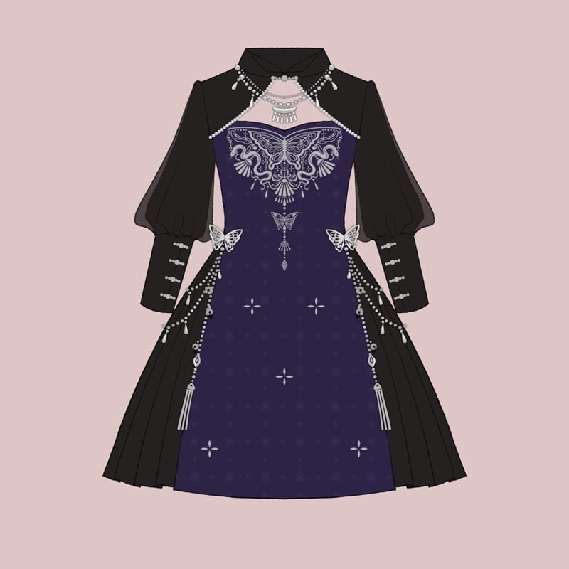 【塵煙雲夢---蝴蝶蠱シリーズ】チャイナ風ワンピース 切り替え 長袖 中華服 イベント デート 撮影 普段着 S M L