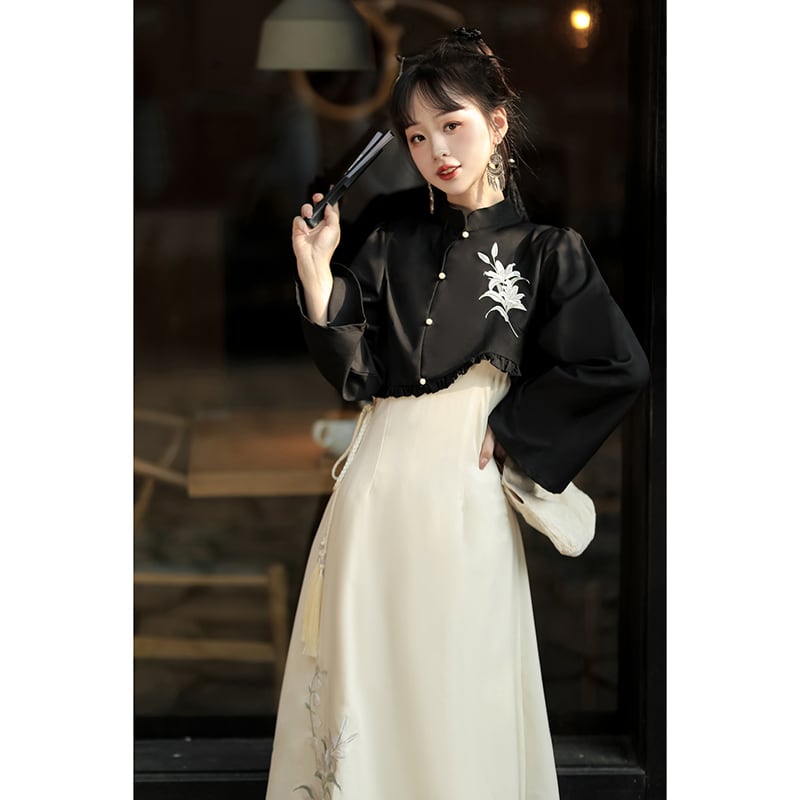 【漢如初---風鈴百合シリーズ】チャイナ風セットアップ 2点セット トップス つりワンピース 中華服 漢服 ワンピース