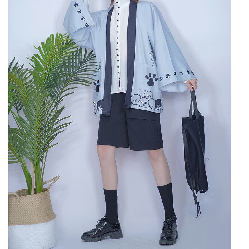 【倉寶兒屋シリーズ】チャイナ風法被 猫柄プリント 夏服 薄手 ブラック ライトグレー 2色