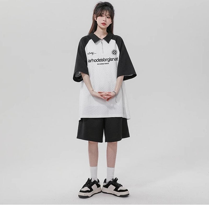 【藤伊曼シリーズ】★セットアップ★ 4色 POLOシャツ + 短パン 男女兼用 メンズ 大きいサイズ 配色 可愛い