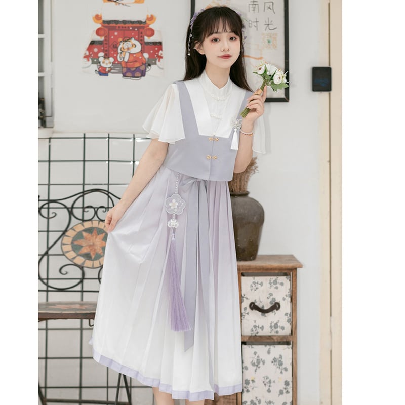 【浥城朝雨シリーズ】チャイナ風 セットアップ 2点セット ワンピース ベスト 改良漢服 半袖 可愛い