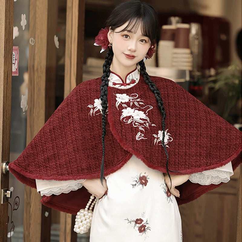 【塵煙雲夢---茶花曲シリーズ】チャイナ風 刺繍マント 中華服 プリント 可愛い ショート丈 レッド