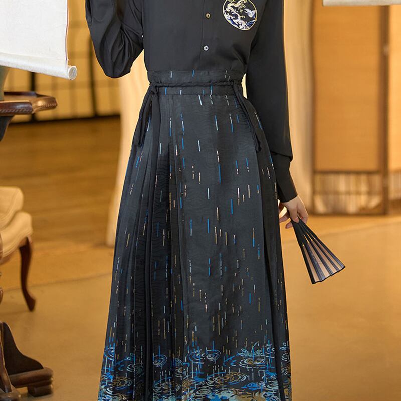 【BAIRIMENGシリーズ】チャイナ風 プリーツスカート 漢服 スカート 中華服 ブラック 黒色 ボトムス レディース フェミニン