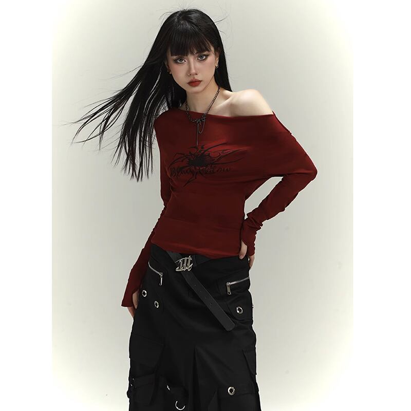 【LADYGHOSTシリーズ】オフショルダー セクシー トップス 個性的 ワインレッド 赤 着回ししやすい 公爵の服