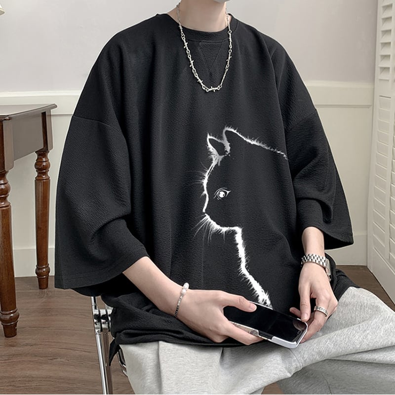 【CEXUシリーズ】3色展開 七分袖 Tシャツ 男女兼用 大きいサイズ 猫柄 黒 白 青