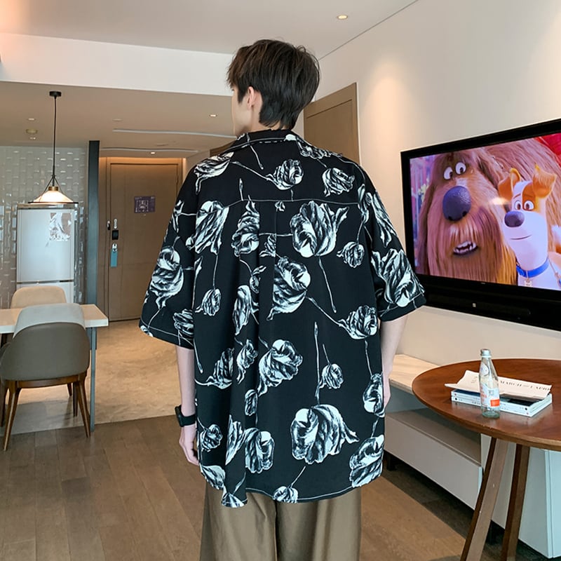 【ZHUIYIシリーズ】チャイナ風トップス 男女兼用 半袖シャツ 大きいサイズ 花柄 シャツ 2色展開 黒 白