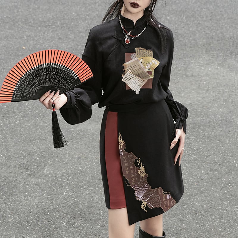 【雲鬢斜簪シリーズ】★チャイナ風トップス★ 中華服 漢字柄 プリント オリジナル 合わせやすい